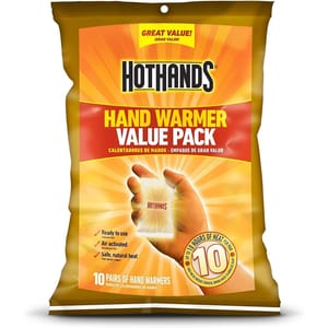 HotHands Hand Warmer Value Pack includes 10 pairs of hand warmers, offering up to 10 hours of safe, natural heat. These are ready to use and air activated.