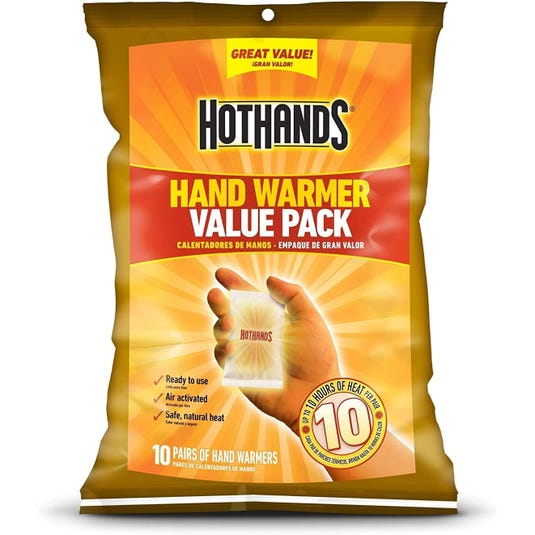 HotHands Hand Warmer Value Pack includes 10 pairs of hand warmers, offering up to 10 hours of safe, natural heat. These are ready to use and air activated.