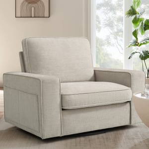 A light gray swivel armchair with a modern design, featuring clean lines and a side pocket. It's placed in a bright room with a large window and greenery in the background.
