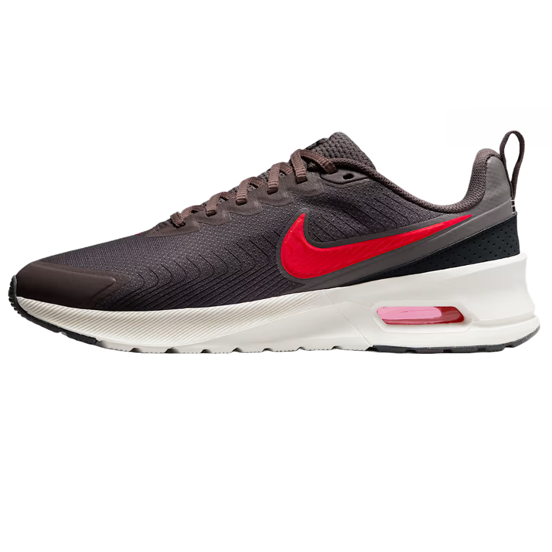 Nike Men's Air Max Nuaxis Shoes feature a brown mesh upper with a red Nike Swoosh, a white midsole, and a visible Air Max unit. They offer a sleek design with a pull tab at the heel and a comfortable rubber outsole.