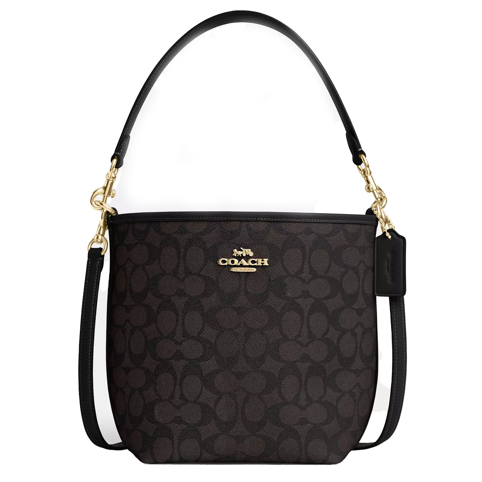 Coach shoulder bag with signature monogram pattern, black leather trim, gold hardware, and detachable strap.