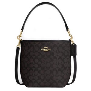 Coach shoulder bag with signature monogram pattern, black leather trim, gold hardware, and detachable strap.