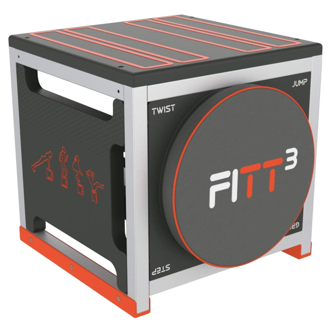 FIT3 is a multifunctional exercise cube with labeled sides for exercises like twist, jump, and step. It features illustrations for workout guidance and has a compact, sturdy design for versatility in fitness routines.