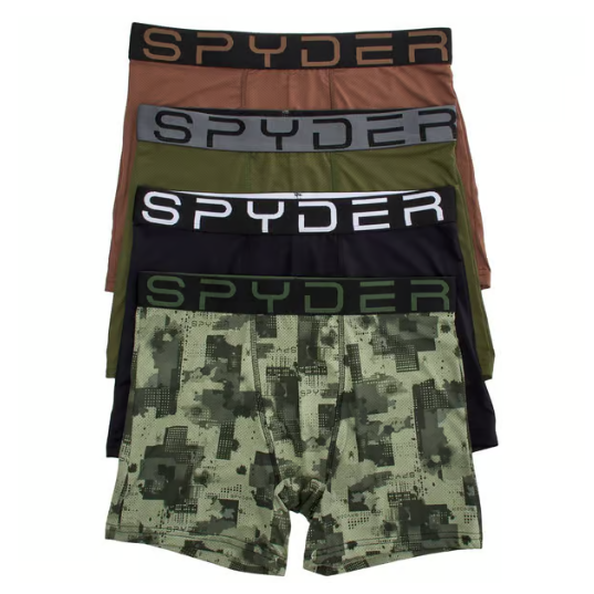 Five pairs of Spyder boxer briefs are stacked, featuring various colors and patterns, including black, brown, gray, olive green, and camo.