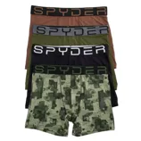 Five pairs of Spyder boxer briefs are stacked, featuring various colors and patterns, including black, brown, gray, olive green, and camo.