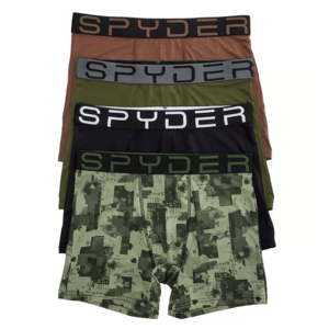 Five pairs of Spyder boxer briefs are stacked, featuring various colors and patterns, including black, brown, gray, olive green, and camo.