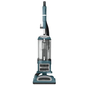 Upright Shark vacuum cleaner with a detachable canister and a blue and gray color scheme.