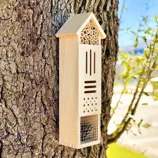 A wooden insect hotel is mounted on a tree, featuring bamboo tubes, slotted sections, and a mesh compartment for attracting insects.