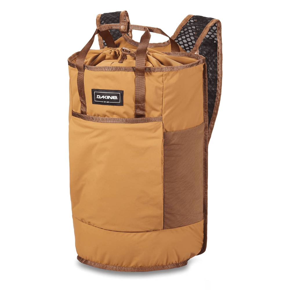 A brown Dakine backpack with dual backpack straps, a drawstring closure, and side mesh pockets.