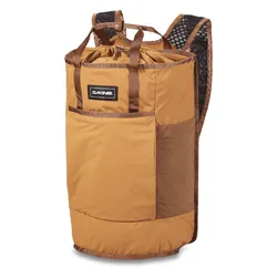 A brown Dakine backpack with dual backpack straps, a drawstring closure, and side mesh pockets.