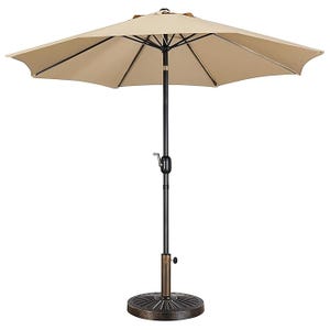 A 9-foot beige patio umbrella with a crank handle for easy opening and closing, supported by a sturdy black pole and a circular, weighted base.