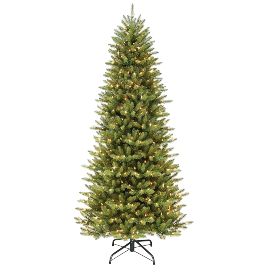 Artificial Christmas tree with pre-lit white lights on a metal stand.