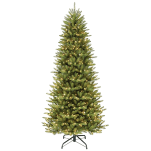 Artificial Christmas tree with pre-lit white lights on a metal stand.