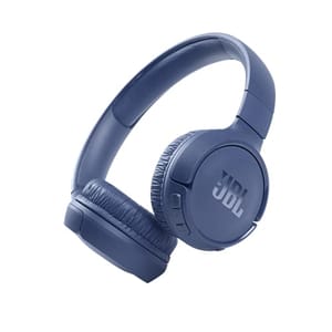Blue JBL Tune Wireless Headphones with cushioned ear cups and an adjustable headband, featuring on-ear controls for volume and playback.