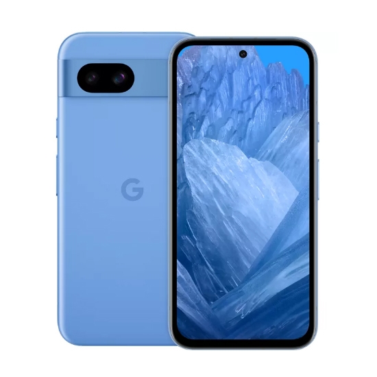 Light blue smartphone with a dual-camera system on the back and a full-screen display with a cutout for the front camera.