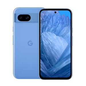 Light blue smartphone with a dual-camera system on the back and a full-screen display with a cutout for the front camera.