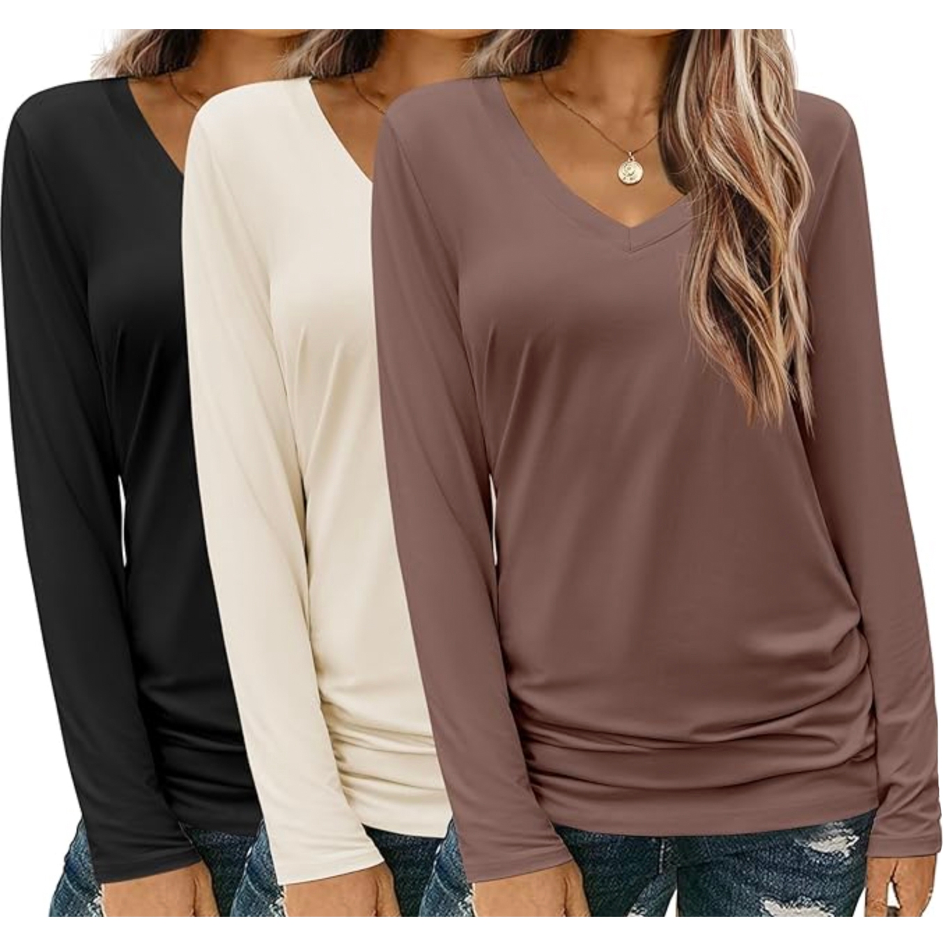Three V-neck long-sleeve tops in black, cream, and brown, worn with distressed jeans.
