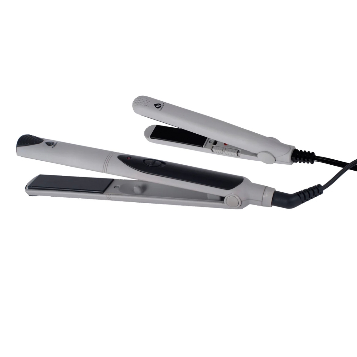Two Pursonic hair straighteners, one larger and one smaller, both in white with black plates, and featuring power switches and rotating cords for easy use.