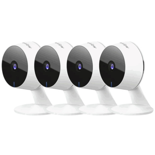 A set of four white security cameras with black lens faces, mounted on stands.