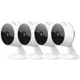 A set of four white security cameras with black lens faces, mounted on stands.