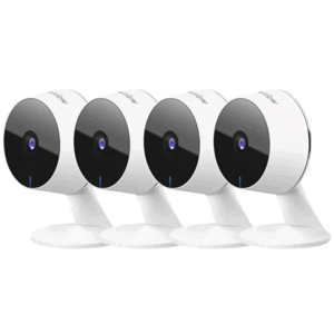 A set of four white security cameras with black lens faces, mounted on stands.