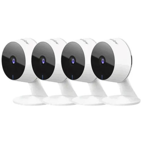 A set of four white security cameras with black lens faces, mounted on stands.
