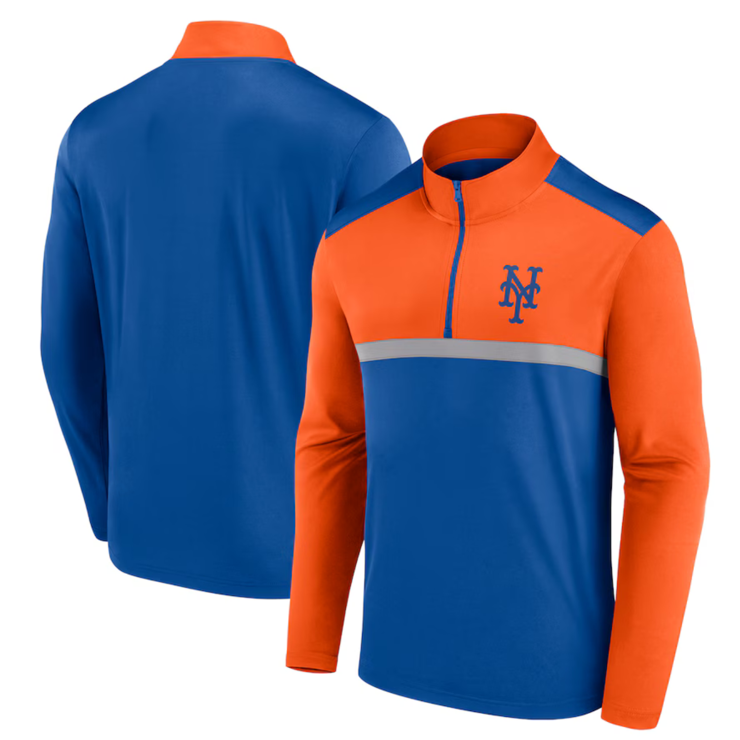 A blue and orange quarter-zip pullover with the New York Mets logo on the chest.