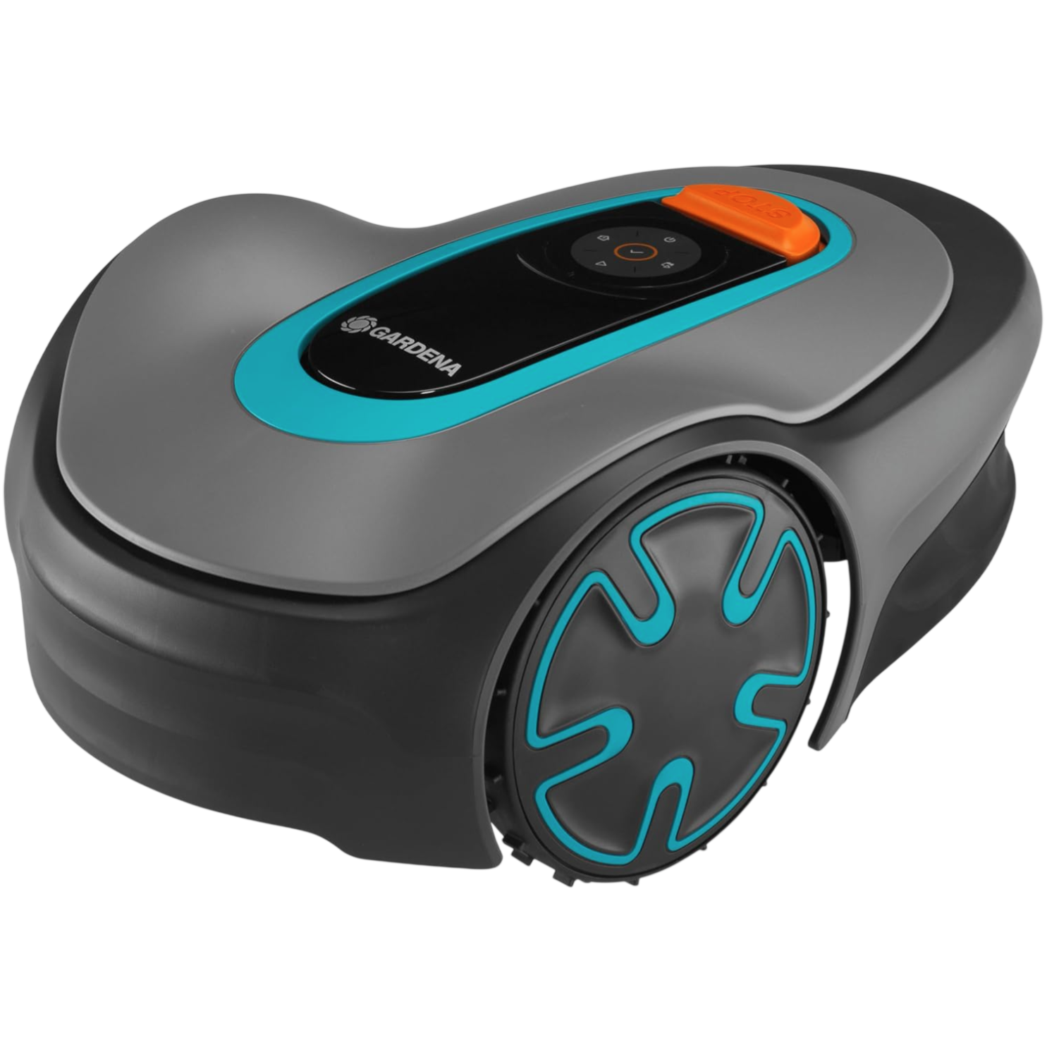 A robotic lawn mower designed by Gardena, featuring a sleek design with blue and gray accents, and equipped with large wheels and a user-friendly control interface.