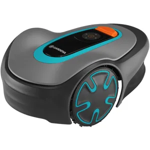 A robotic lawn mower designed by Gardena, featuring a sleek design with blue and gray accents, and equipped with large wheels and a user-friendly control interface.