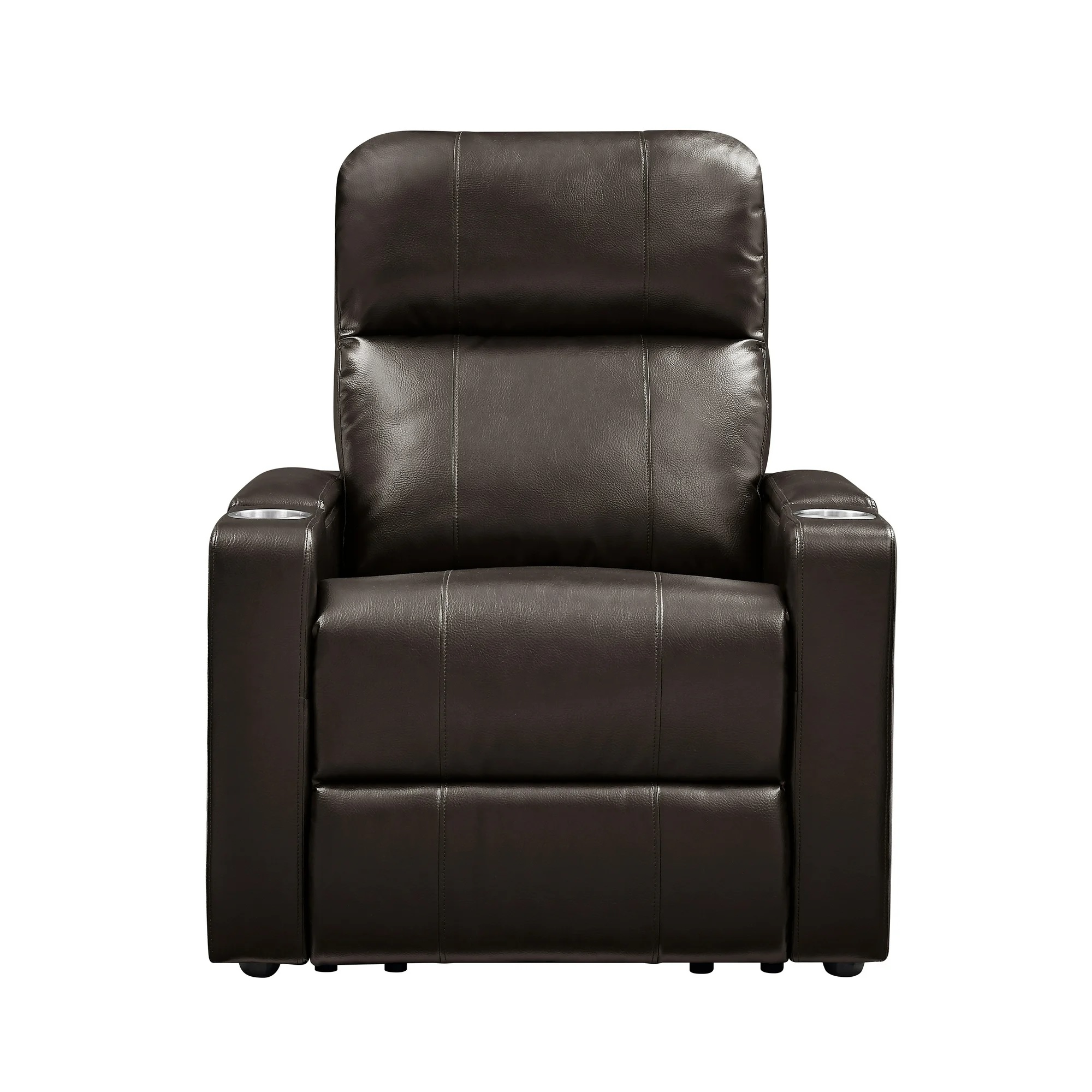 A brown leather recliner chair with padded armrests and a cushioned backrest.
