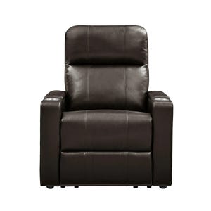 A brown leather recliner chair with padded armrests and a cushioned backrest.