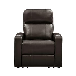 A brown leather recliner chair with padded armrests and a cushioned backrest.
