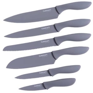 A set of grey-handled Cuisinart knives, including a chef's knife, slicing knife, serrated bread knife, Santoku knife, utility knife, and paring knife.