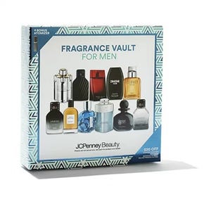JCPenney Beauty Fragrance Vault for Men features a selection of men's fragrances, including bottles from various brands, along with a bonus atomizer and a $20 off offer for full-size products.