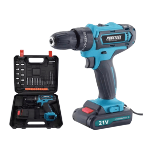 A cordless drill with a 21V lithium battery and an accessories kit, including various drill bits, in a black carrying case.