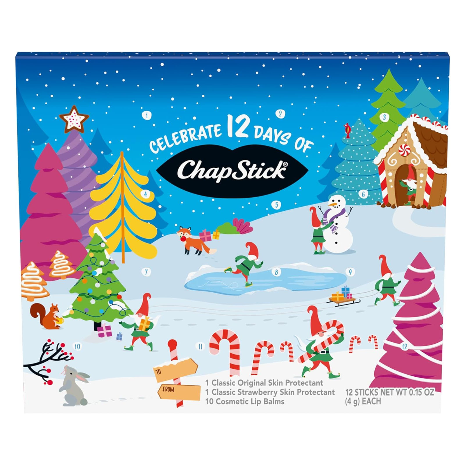ChapStick 12-day holiday set contains 1 Classic Original Skin Protectant, 1 Classic Strawberry Skin Protectant, and 10 cosmetic lip balms. Each stick is 0.15 oz (4 g).