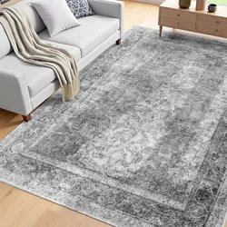 A modern living room showcases a light gray sofa, a neutral throw blanket, and a decorative pillow. The floor features a large, textured gray area rug, complemented by a wooden side table with various small decor items.