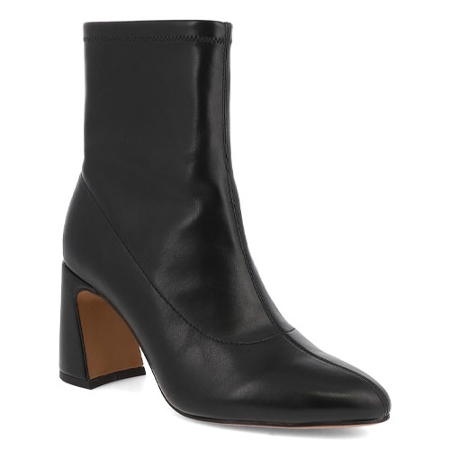 Black ankle boot with a block heel and smooth leather finish.