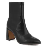 Black ankle boot with a block heel and smooth leather finish.