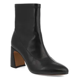 Black ankle boot with a block heel and smooth leather finish.