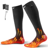 Heated socks with a battery pack and charging cable, featuring a heating design illustrated with fiery arrows on the foot area.