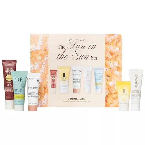 The Fun in the Sun Set includes various skincare products with SPF protection: Sun Bum lip balm, FRE Protect Me, Clinique, Kopari, and Lancôme sunscreen offerings, all packaged in a floral-themed box by Macy's.