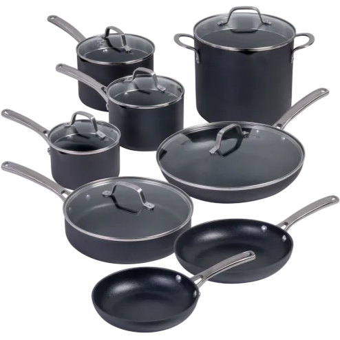 A set of nonstick cookware featuring three covered saucepans, one covered stockpot, one sauté pan with a lid, and two frying pans, all with stainless steel handles.