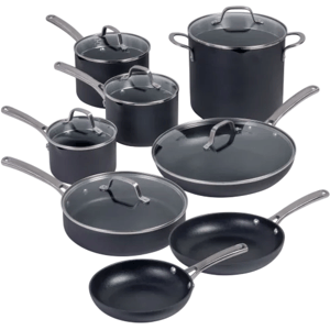 A set of nonstick cookware featuring three covered saucepans, one covered stockpot, one sauté pan with a lid, and two frying pans, all with stainless steel handles.