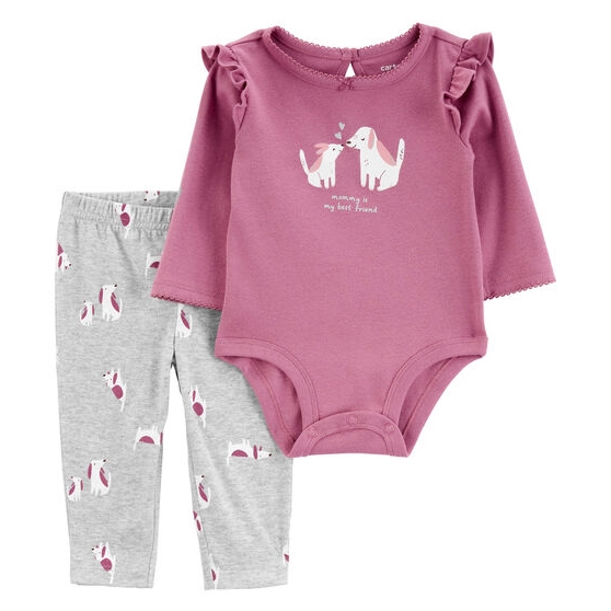 A maroon baby bodysuit with ruffle sleeves and elephant print, paired with grey leggings featuring a cat pattern.