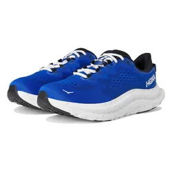Blue and white athletic shoes with cushioning, featuring breathable mesh uppers and a thick, speckled sole for support.