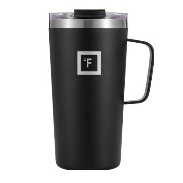 Black insulated travel mug with a handle, a clear lid, and a square logo featuring the letter 'F' on the side.
