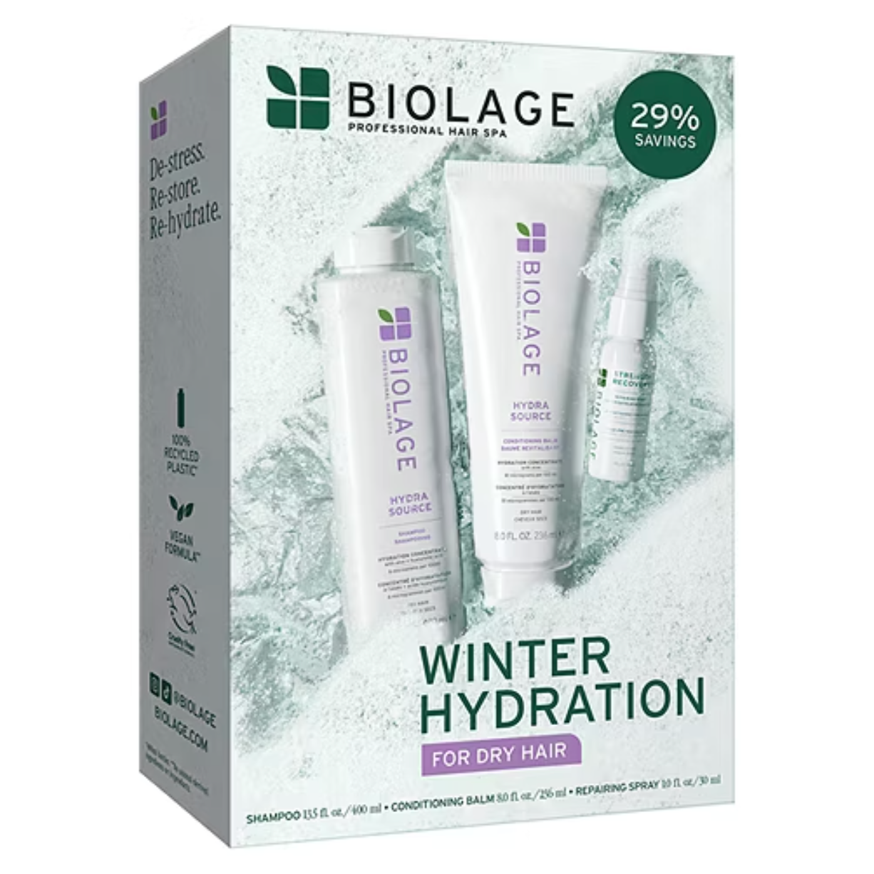 Biolage Winter Hydration set for dry hair includes Hydra Source shampoo (13.5 fl. oz./400 ml), conditioning balm (8.0 fl. oz./236 ml), and repairing spray (1.0 fl. oz./30 ml). Features 100% recycled plastic and vegan formula.