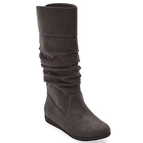 A tall, slouchy gray boot with a flat sole and stitched detailing, suitable for casual wear.