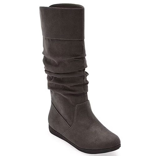 A tall, slouchy gray boot with a flat sole and stitched detailing, suitable for casual wear.